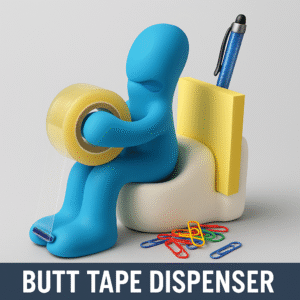 Square product image of the Butt Tape Dispenser featuring a blue cartoon figure sitting on a white toilet-shaped base, holding a roll of clear tape. The dispenser also includes a yellow sticky note holder, a glittery blue pen, and colorful paper clips scattered at its base. The words 'BUTT TAPE DISPENSER' appear in bold white text on a dark blue banner at the bottom."
