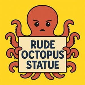 Rude Octopus Statue, funny octopus art, novelty sea creature, vintage banner design, Stupid.com humor