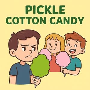 A playful cartoon-style button showing a boy unimpressed with his green pickle cotton candy, envious of two kids enjoying traditional pink cotton candy in the background.
